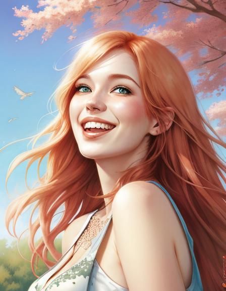 Joyful Strawberry Blonde Woman Laughing in Park
