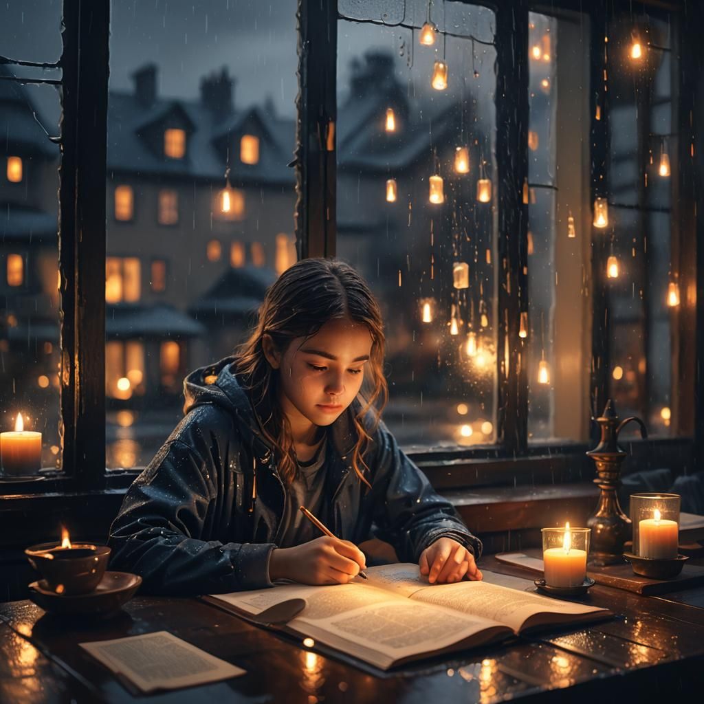 Girl Studying by Candlelight on Rainy Night in Digital Art