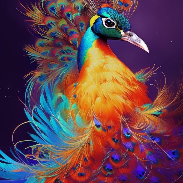 Ornate Peacock Digital Painting with Explosive Colors