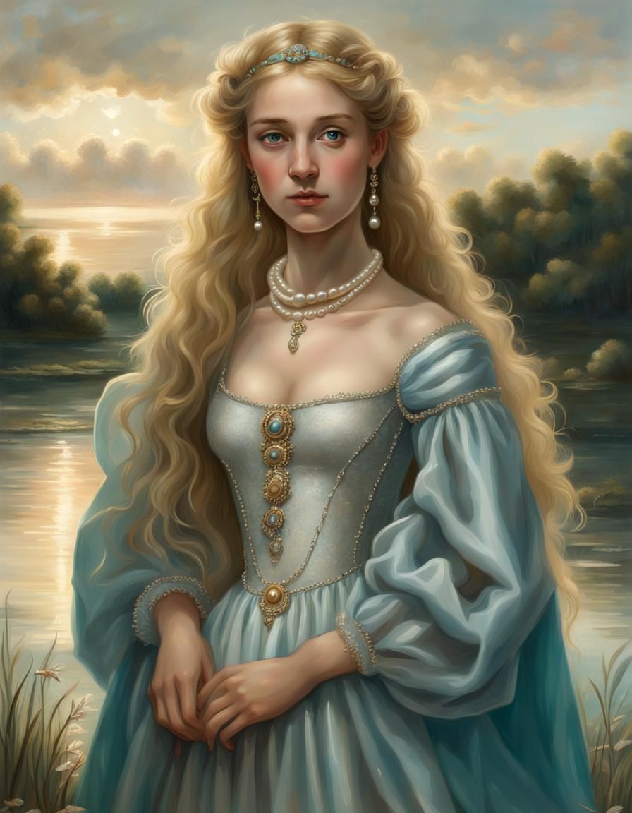 Renaissance Girl with Pearl Embroidery by Lake