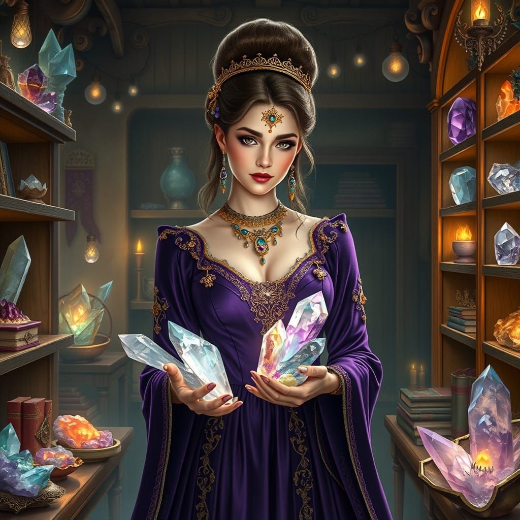 Elegant Regal Woman Selects Crystal Cluster in Mystical Shop