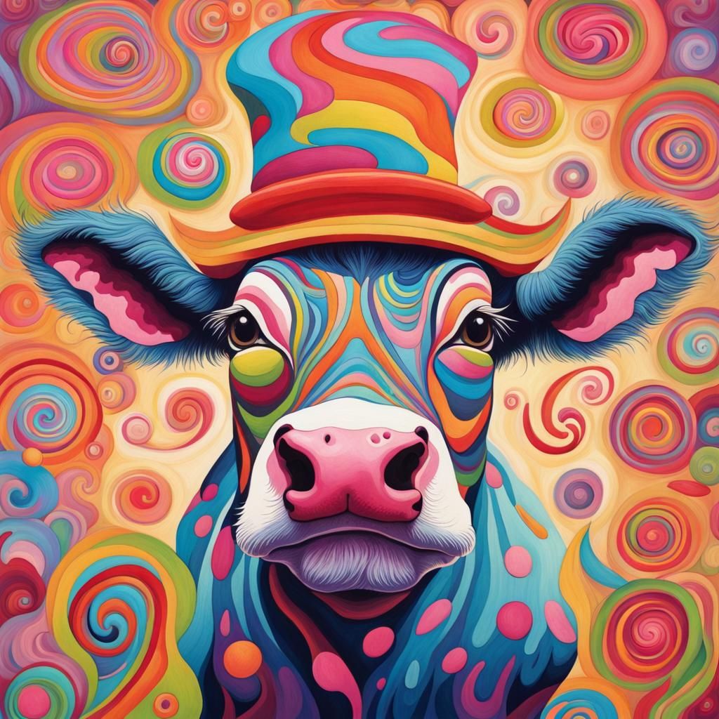Psychedelic Cow in Wonderland with Silly Hat