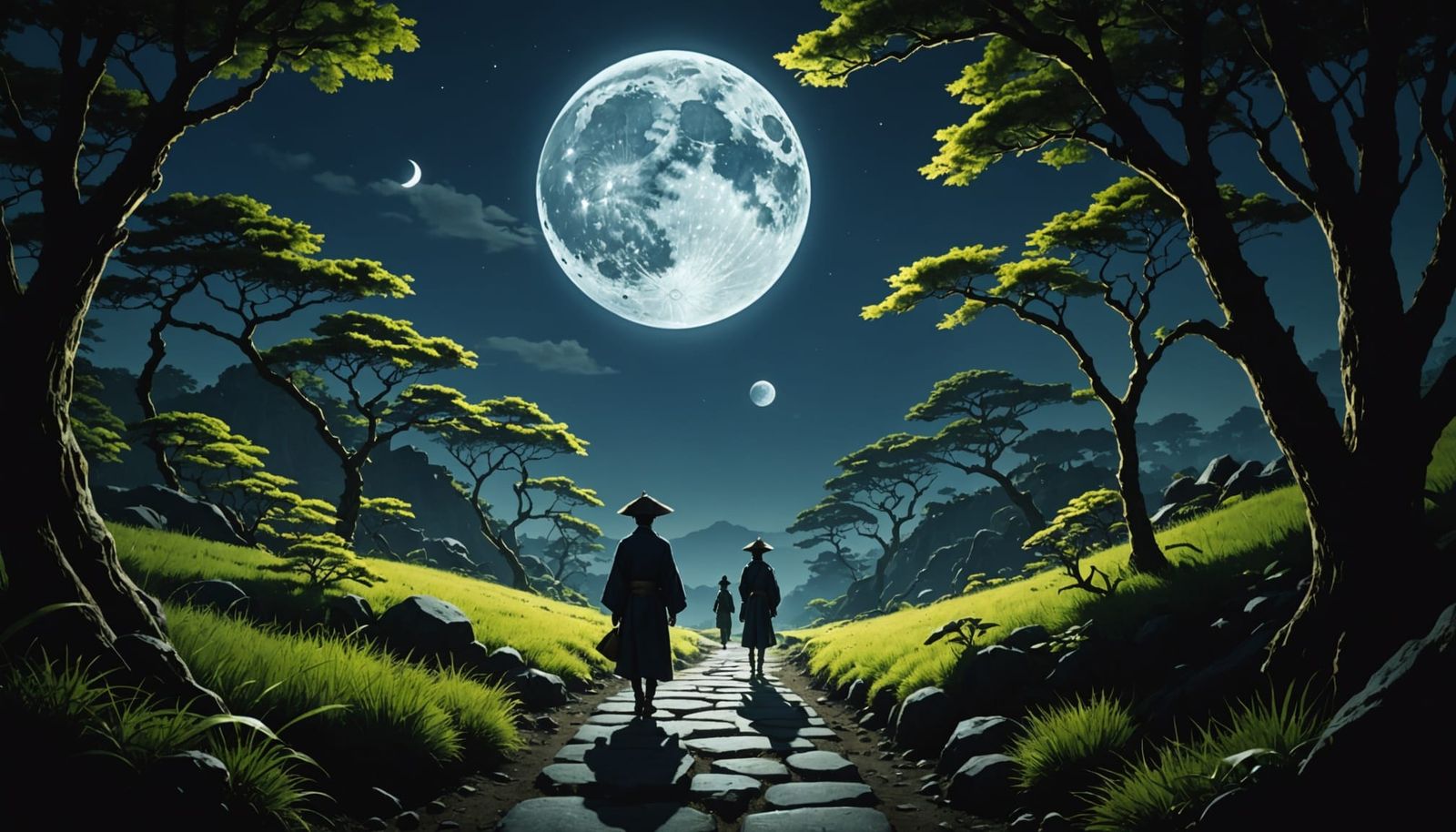 Surreal Japanese Myth Landscape with Enormous Moon