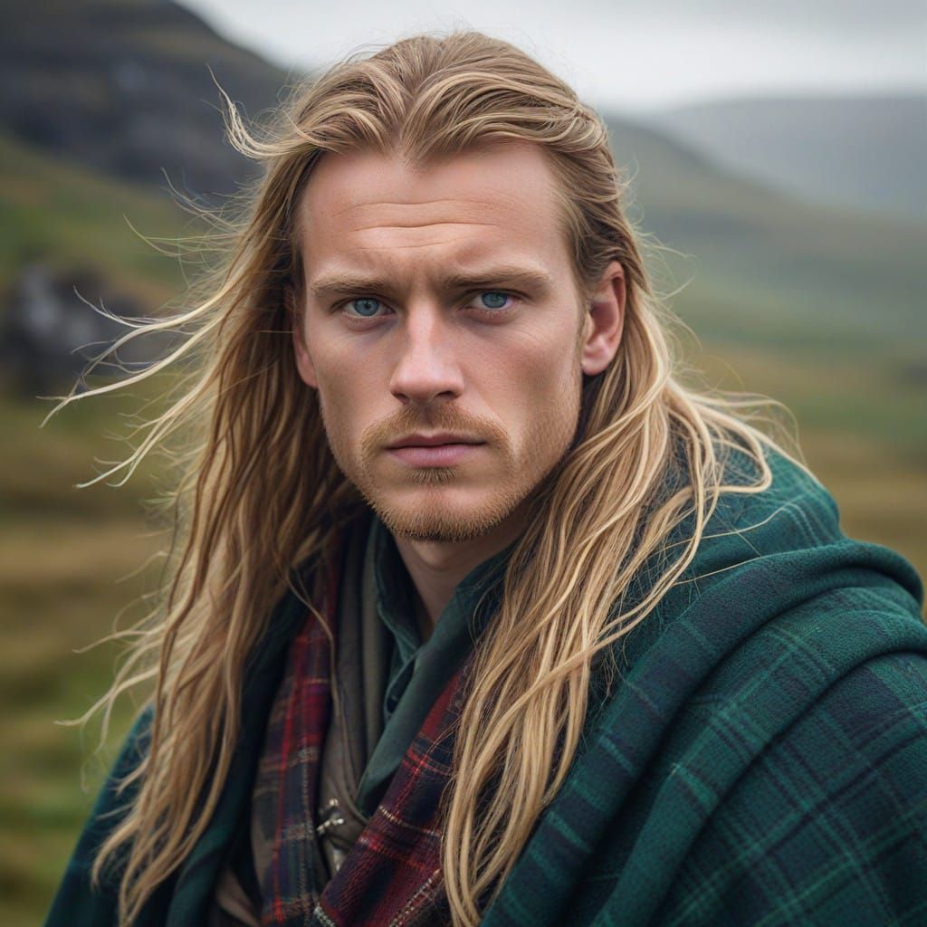 Ancient Celtic Warrior in Tartan Cloak Poses Against Highlan...