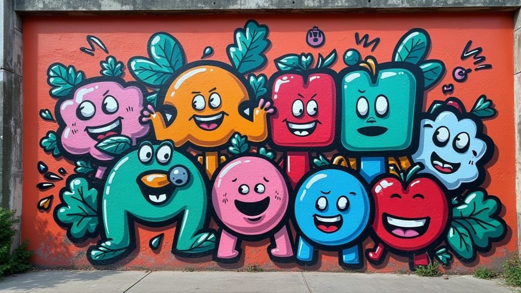 Cartoon Graffiti Mural on Brick Wall