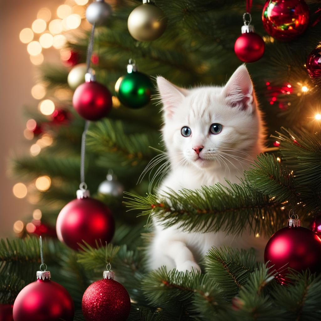 Hyperrealistic Kitten Playing in Christmas Tree