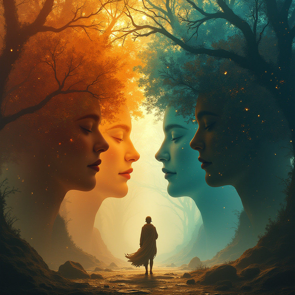 Introspective Soul Discovering Four Selves in Art Nouveau St...