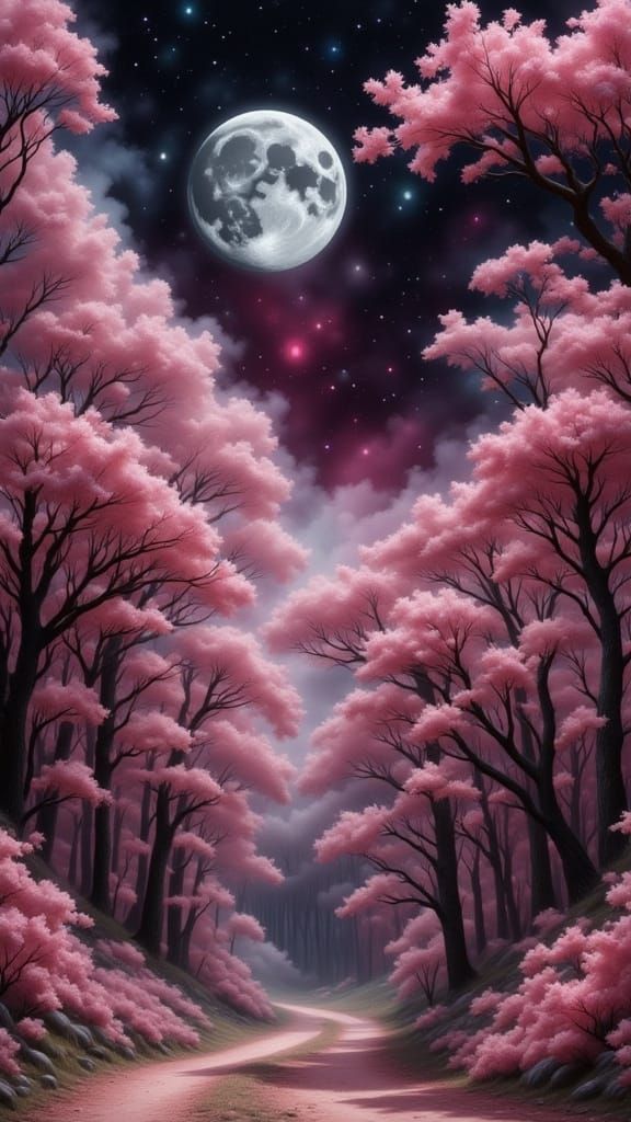 Dreamy Forest Path Under a Vibrant Full Moon