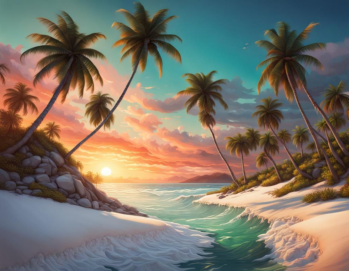 Tropical Island Sunset: Photorealistic Concept Art