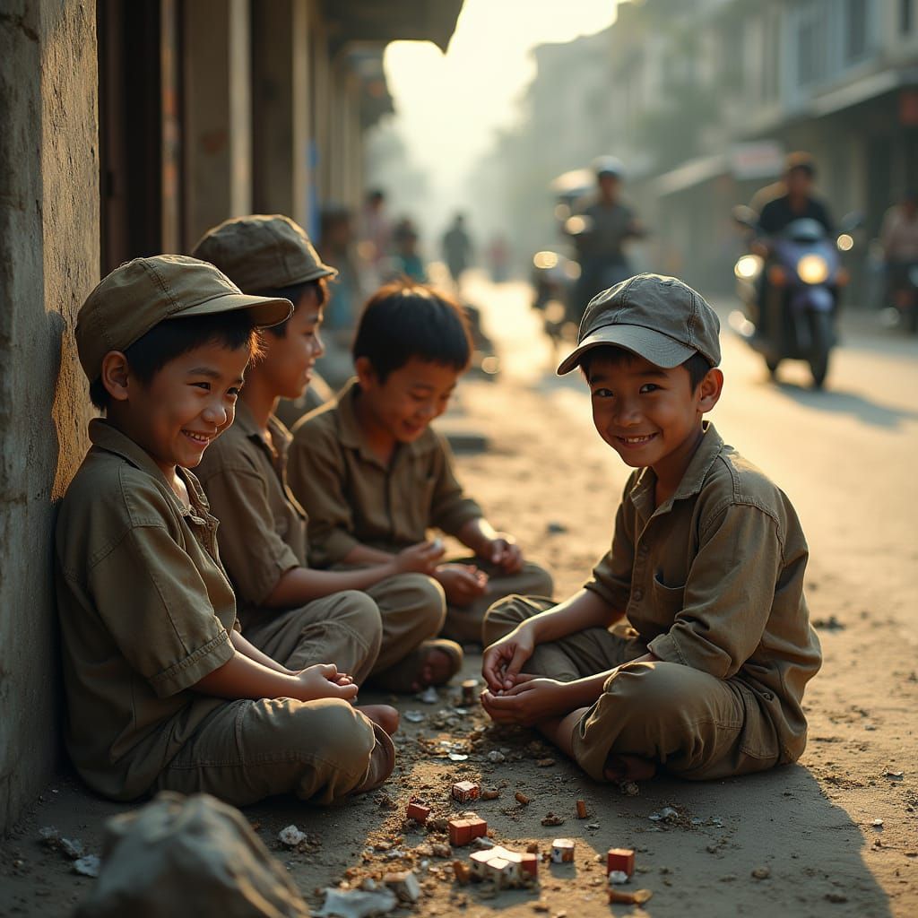 Joyful Vietnamese Street Scene in Black and White