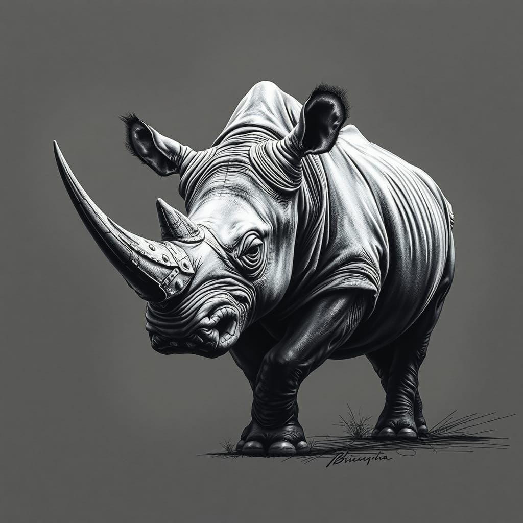 Majestic Rhino in Detailed Hyper-Realistic Charcoal Style