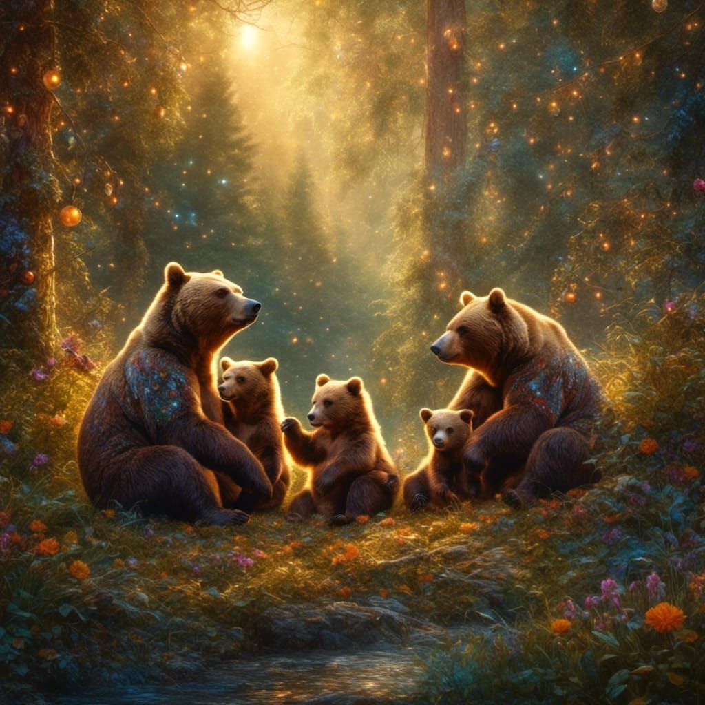 Radiant Bear Family Holiday Portrait in Detailed Matte Style