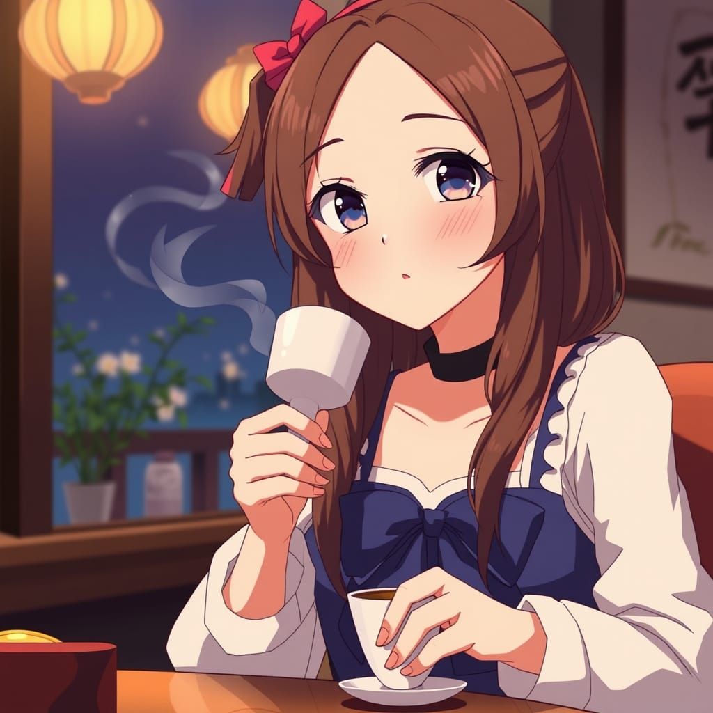 Cute Girl Drinking Tea in Anime Style
