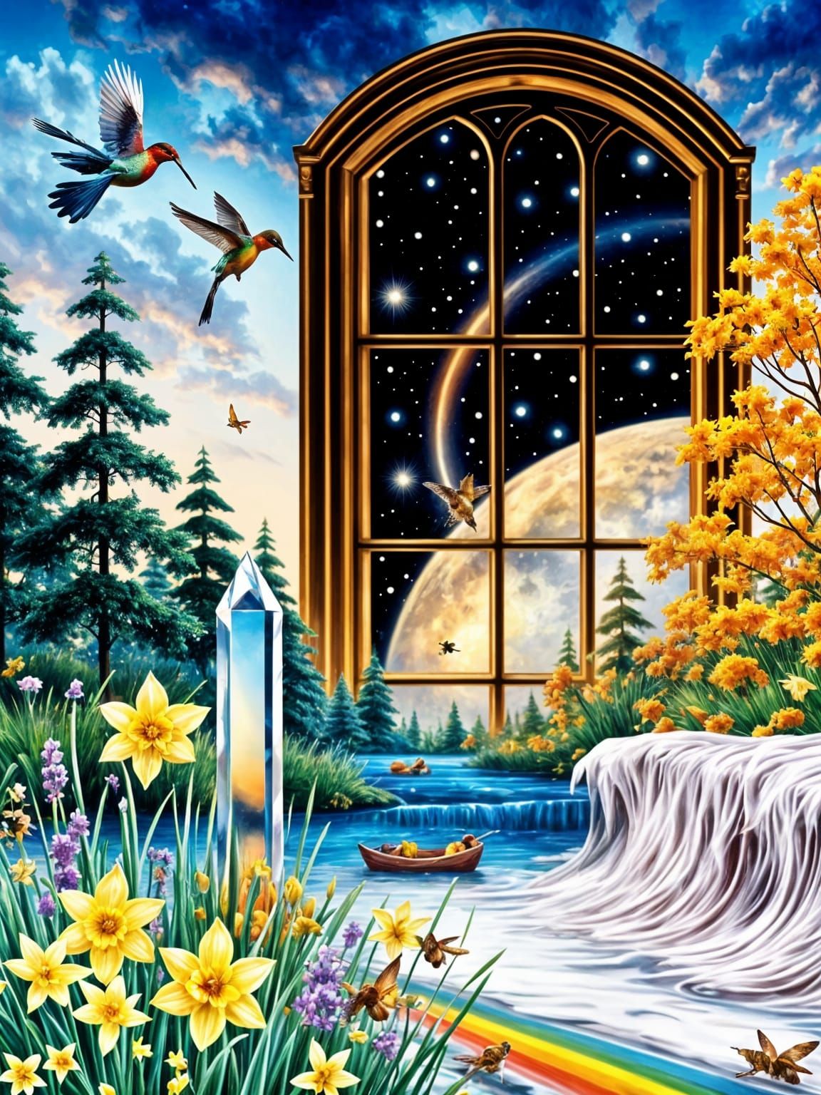 Hyperrealistic Window to Moon and Space with River