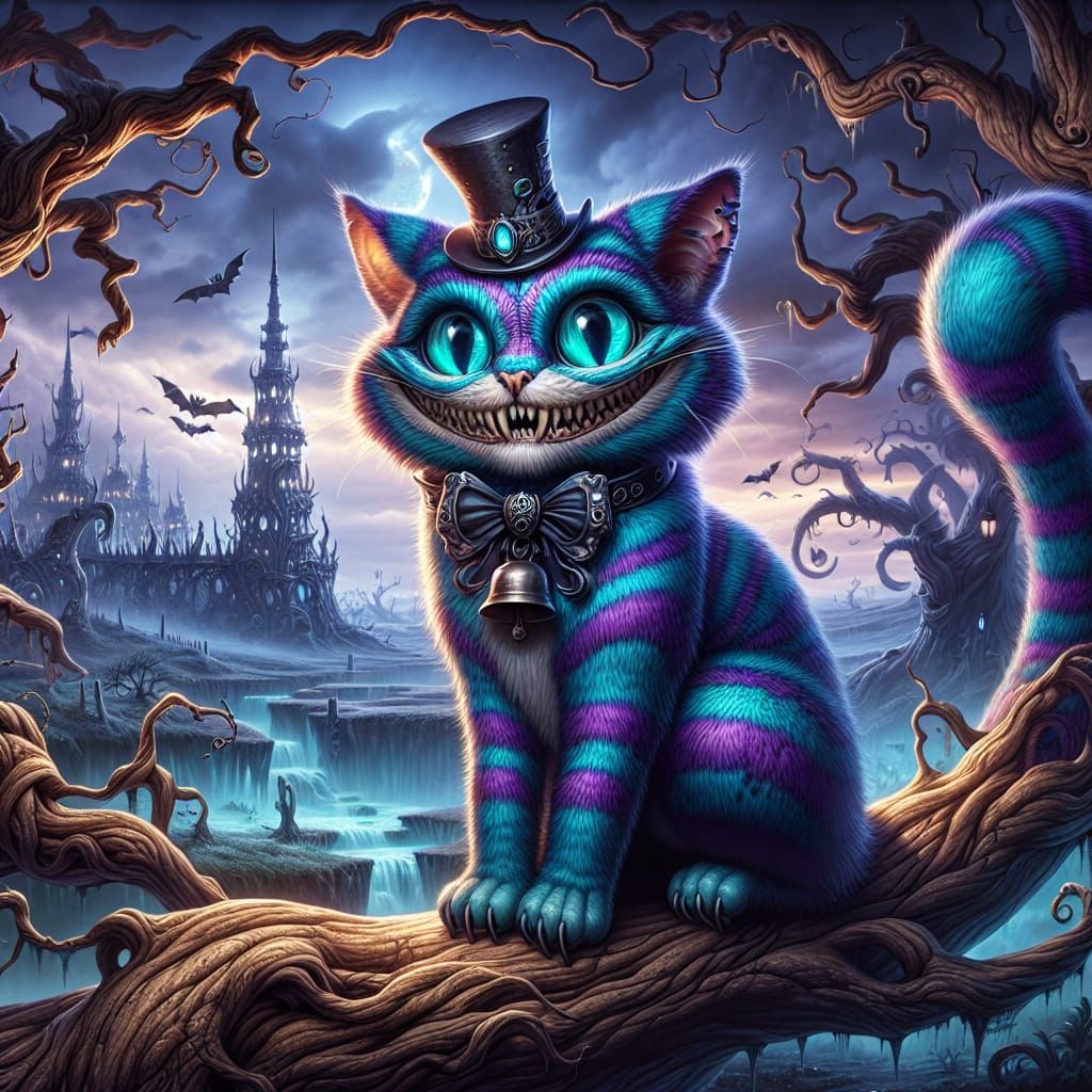 Surreal Striped Cat in Mystical Gothic Landscape