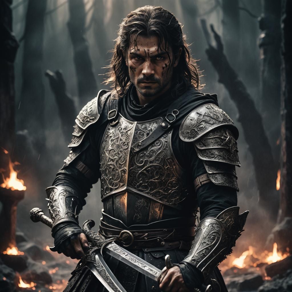 Warrior with Silver Sword in Dark Fantasy Style