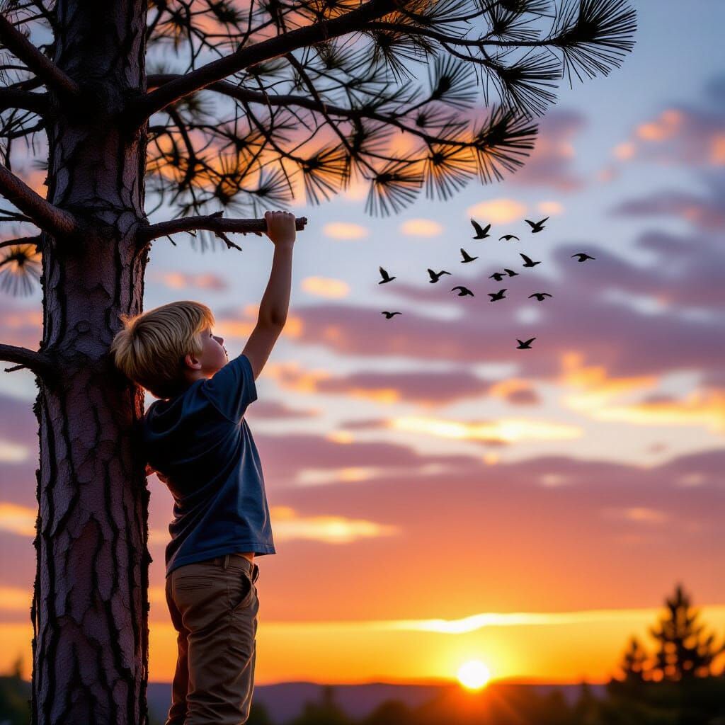 Boy Watches Sunrise from Pine Tree, Golden Hour Glow