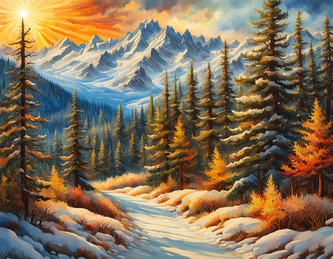 Winter Forest Landscape Illustration in Oil and Watercolor