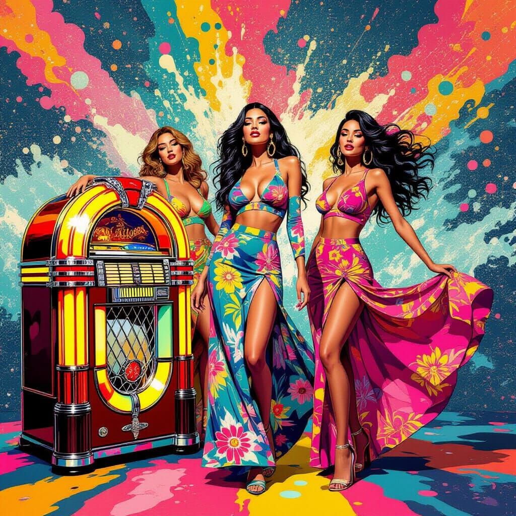 Psychedelic Pop Art Women Dancing with Jukebox