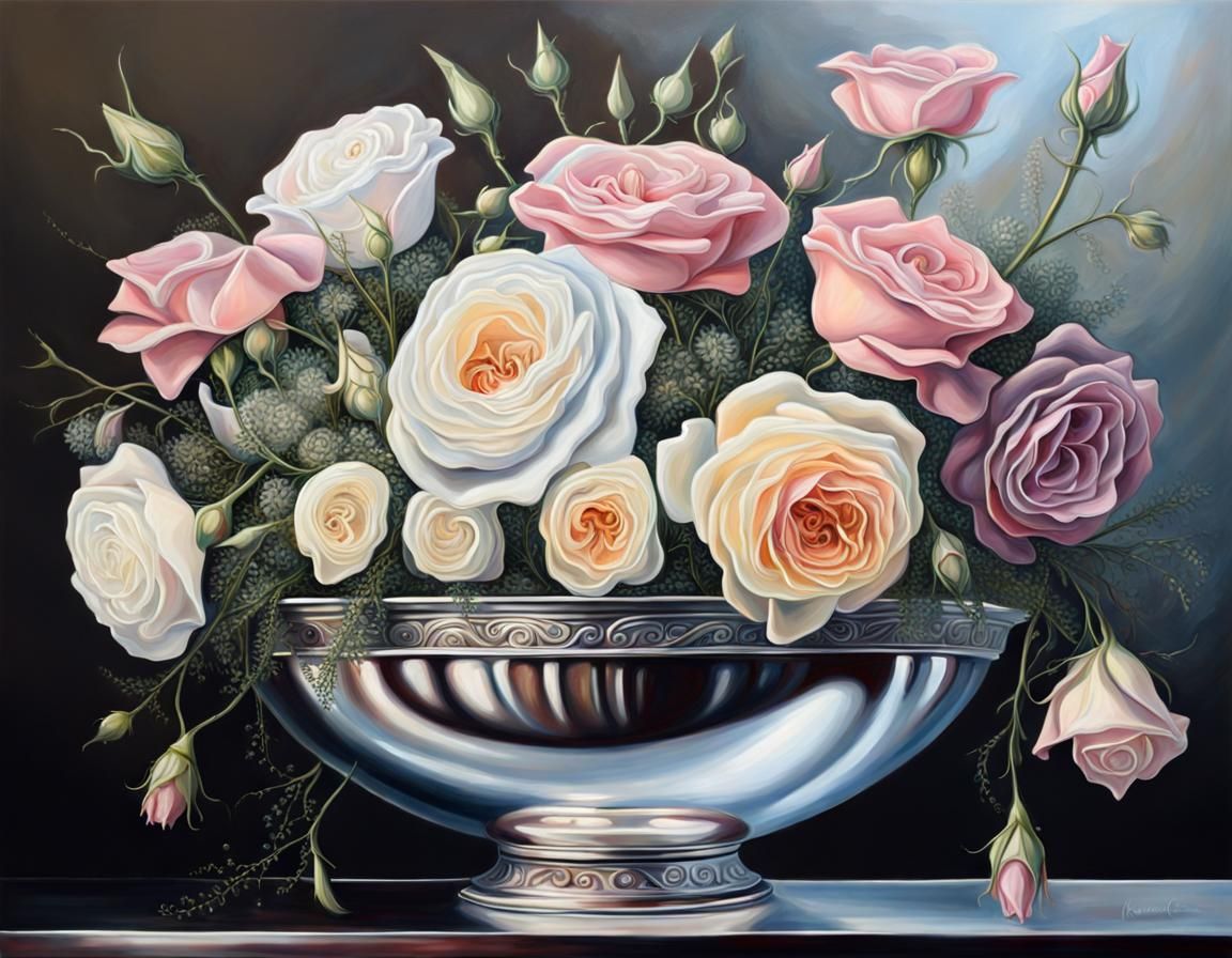 Metallic Flowers in Silver Bowl, Oil on Canvas