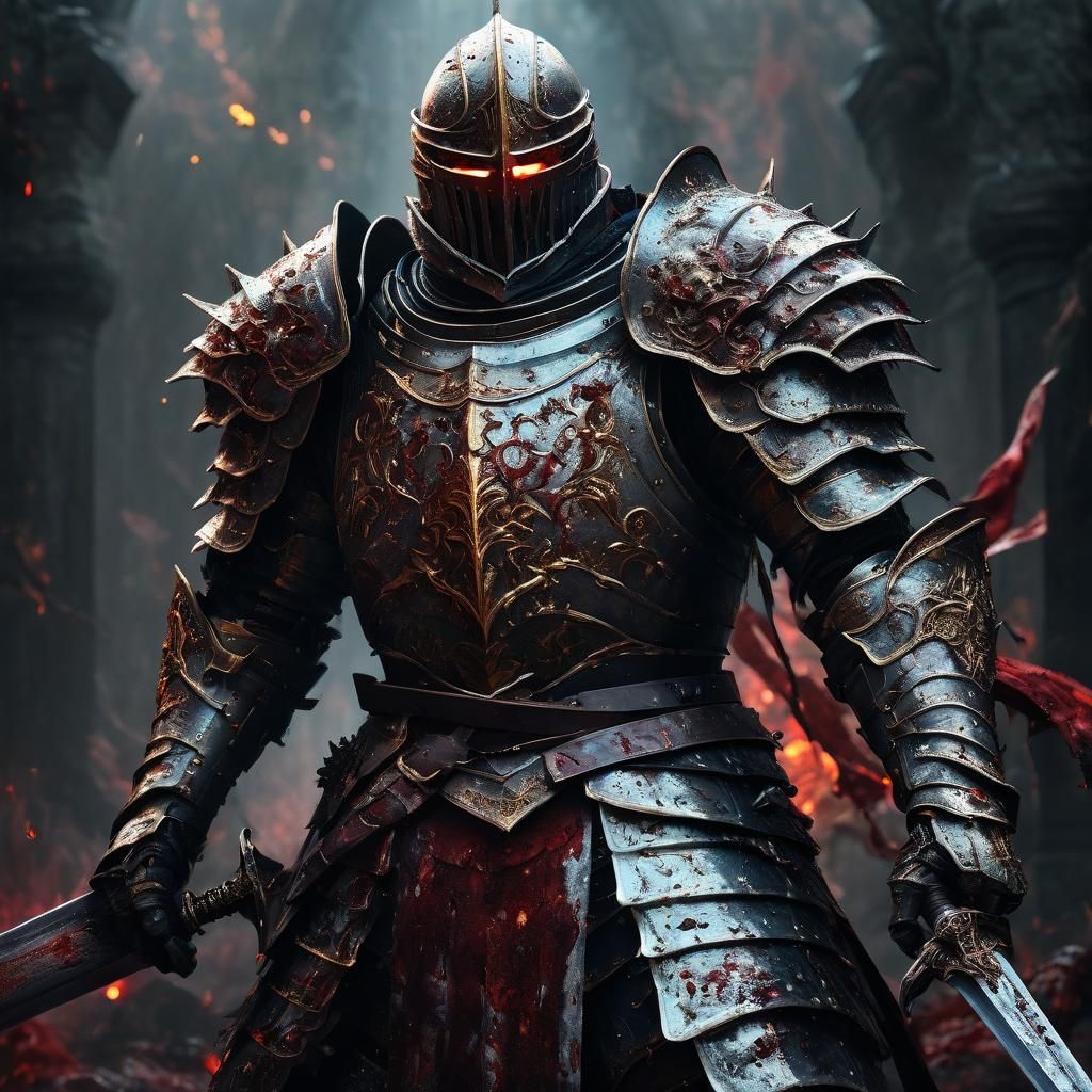 Knight with Bloody Sword in Dark Fantasy Style