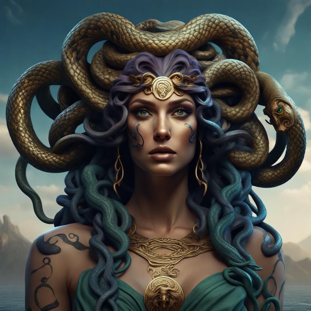 Medusa in Tattoo Style with Serpent Hair