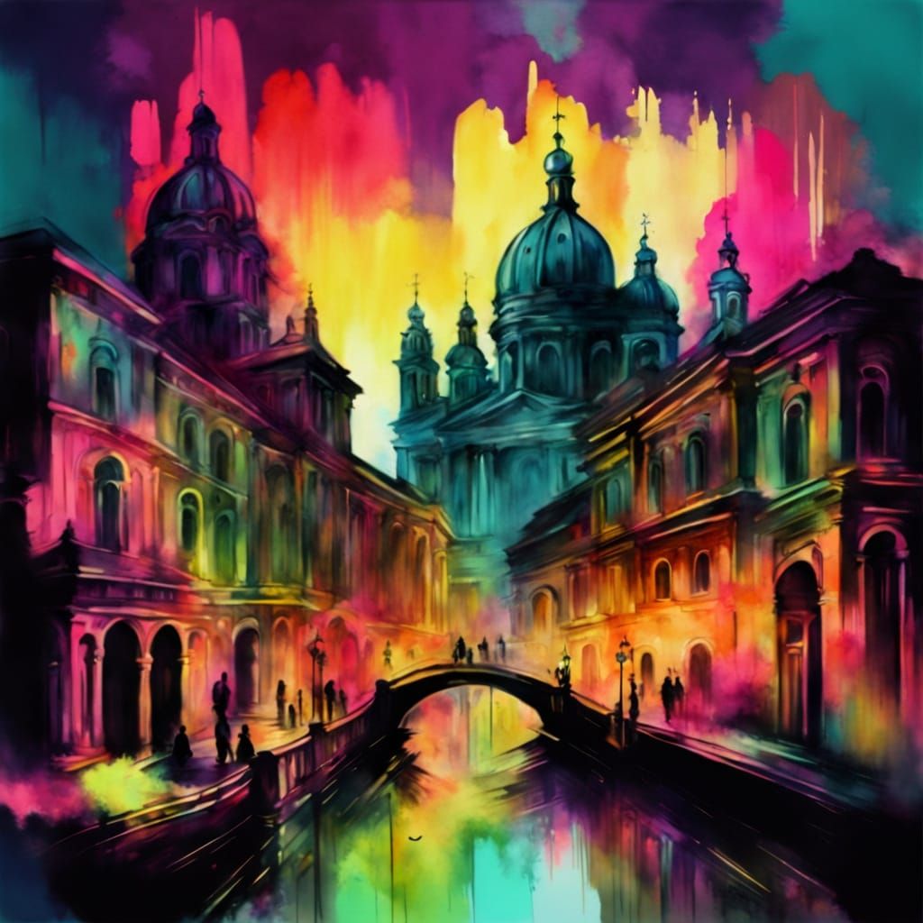 Neon Baroque Cityscape in a Melting Watercolor Style