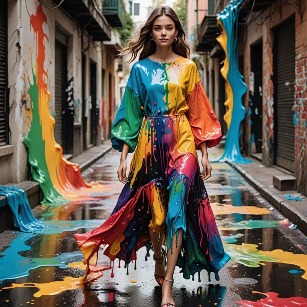 Ethereal Model Dances in Paint-Flowing Gown