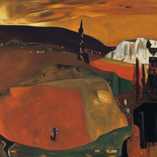 Surreal Taiga Landscape with Bell, Expressionist Painting