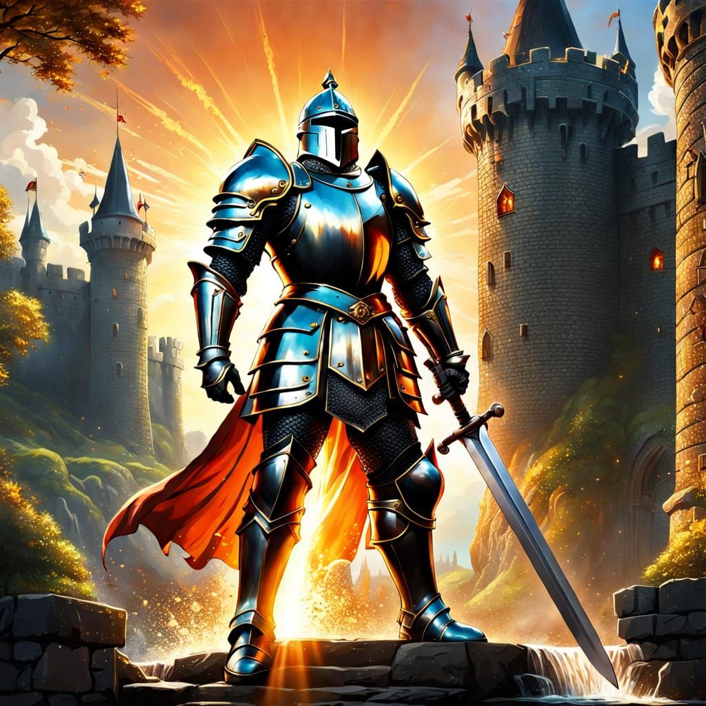 Heroic Knight Guards Castle in Golden Light