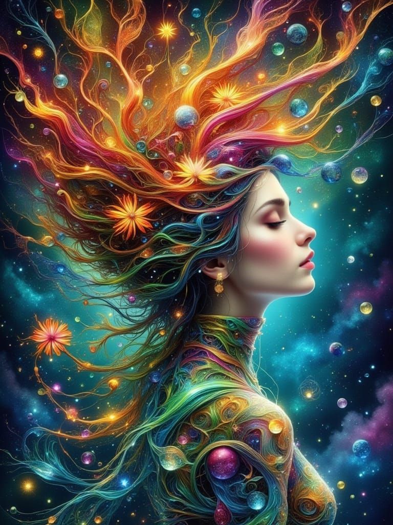 Mystical Woman Dissolving in Dreamlike Watercolor Painting