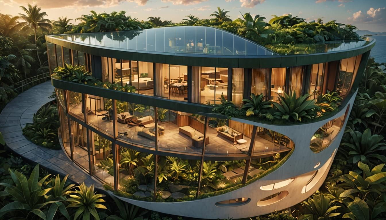 Modern Villa Reflecting Golden Hour in Digital Art