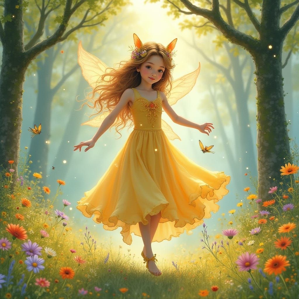 Pixie Dances in Sun-Dappled Meadow in Watercolor Style