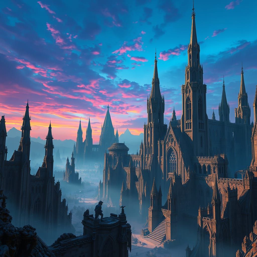 Surreal Electric Blue Realm with Ancient Spires and Wonder