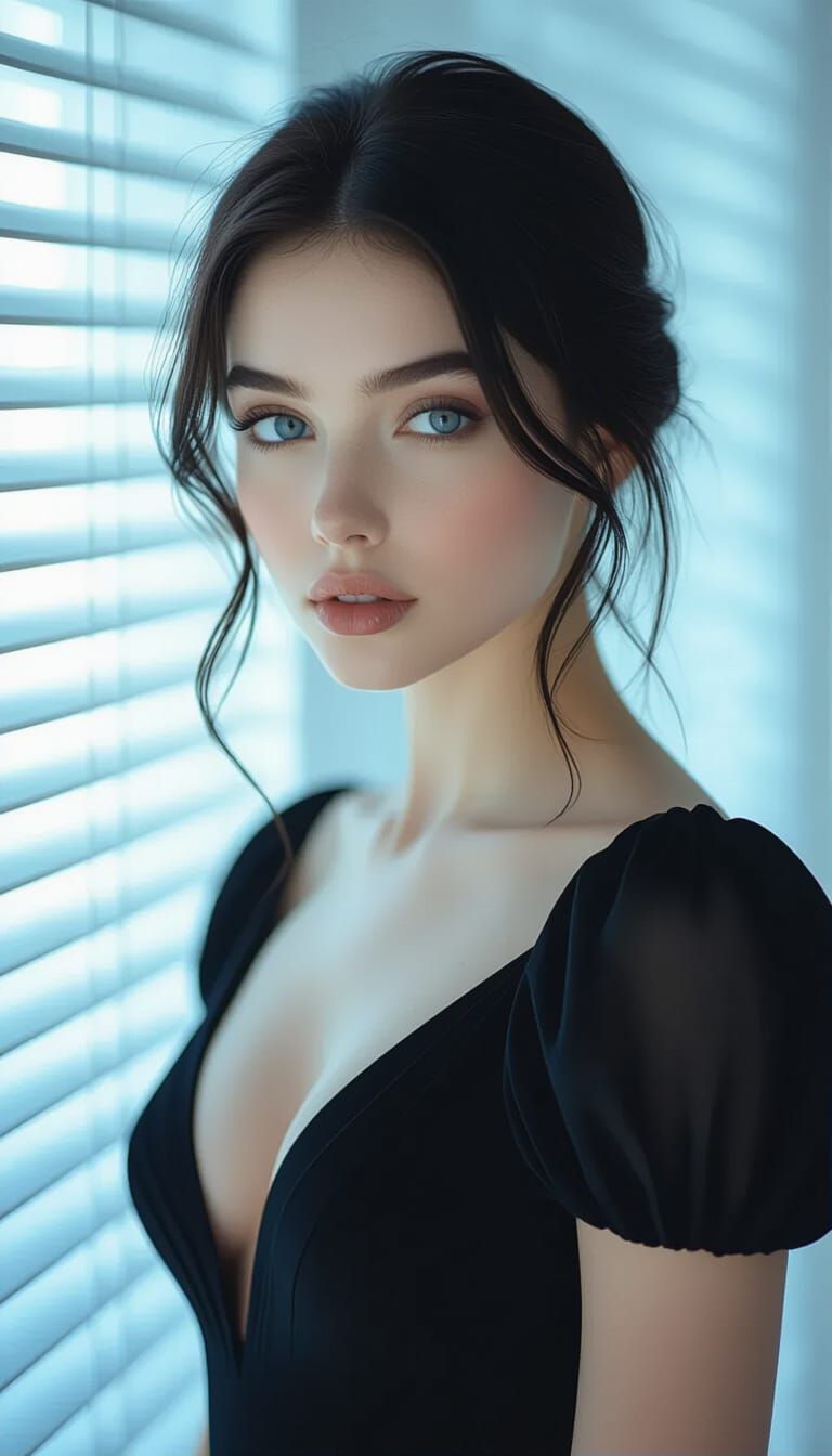 Hyperrealistic Portrait of Woman in Soft Blue Light