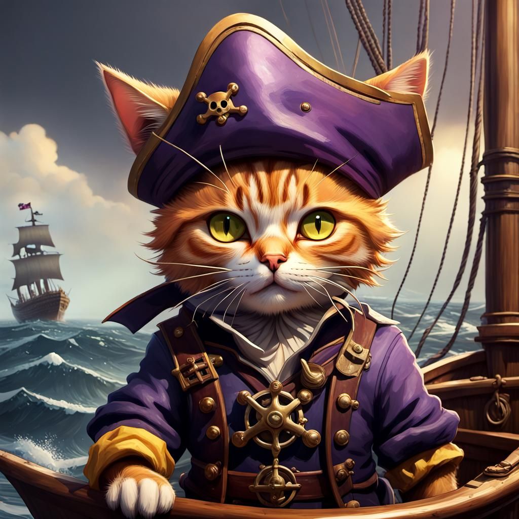 Adventurous Cat Pirate Sailing on Tiny Ship