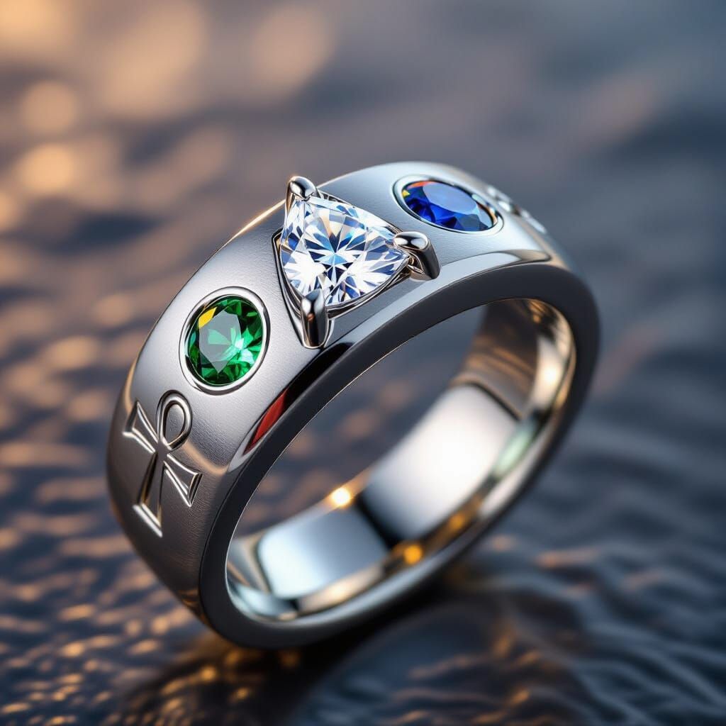 Titanium Ring with Diamond, Sapphire, Emerald and Ankh Symbo...