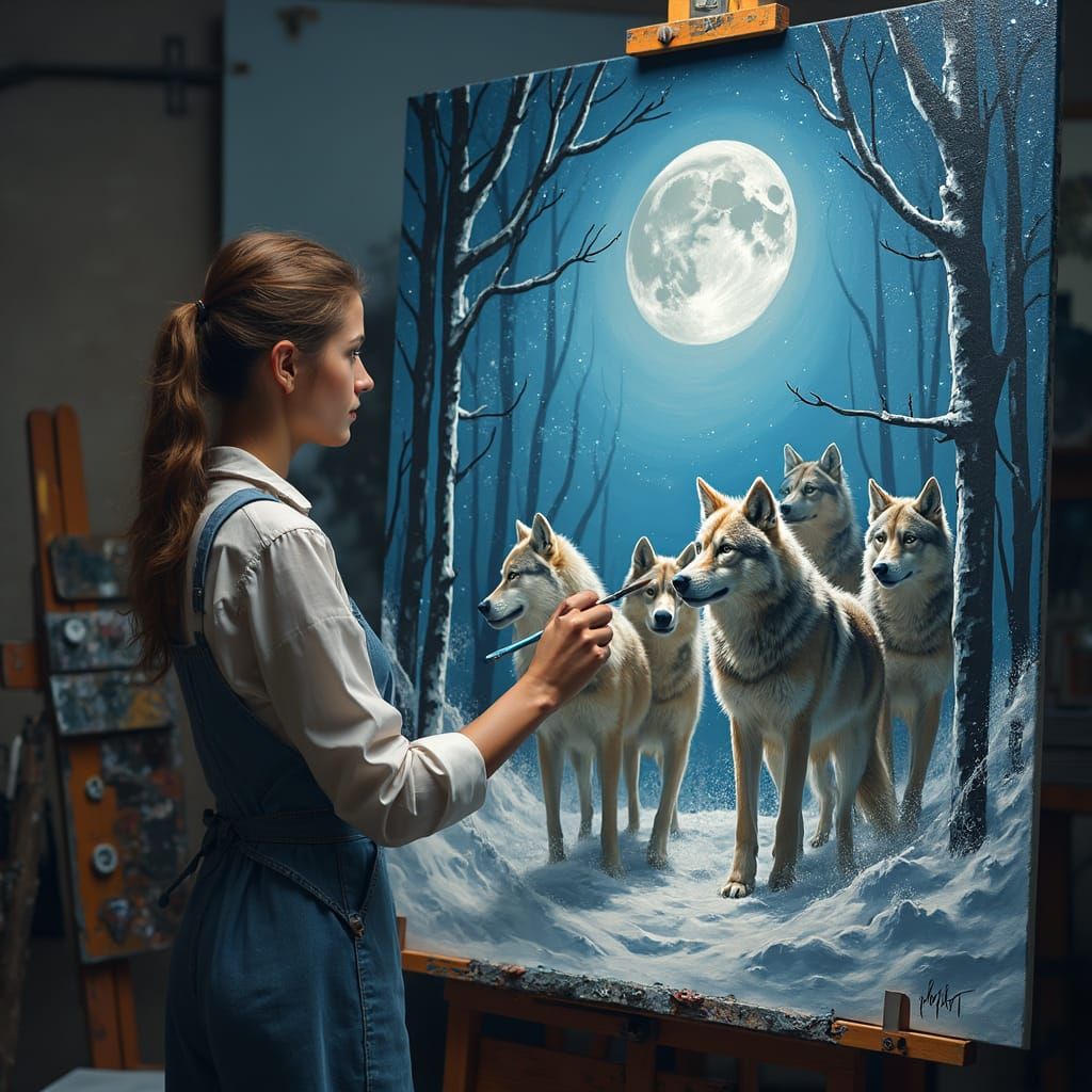 Extremely detailed film still of an artist wolf painting a s...