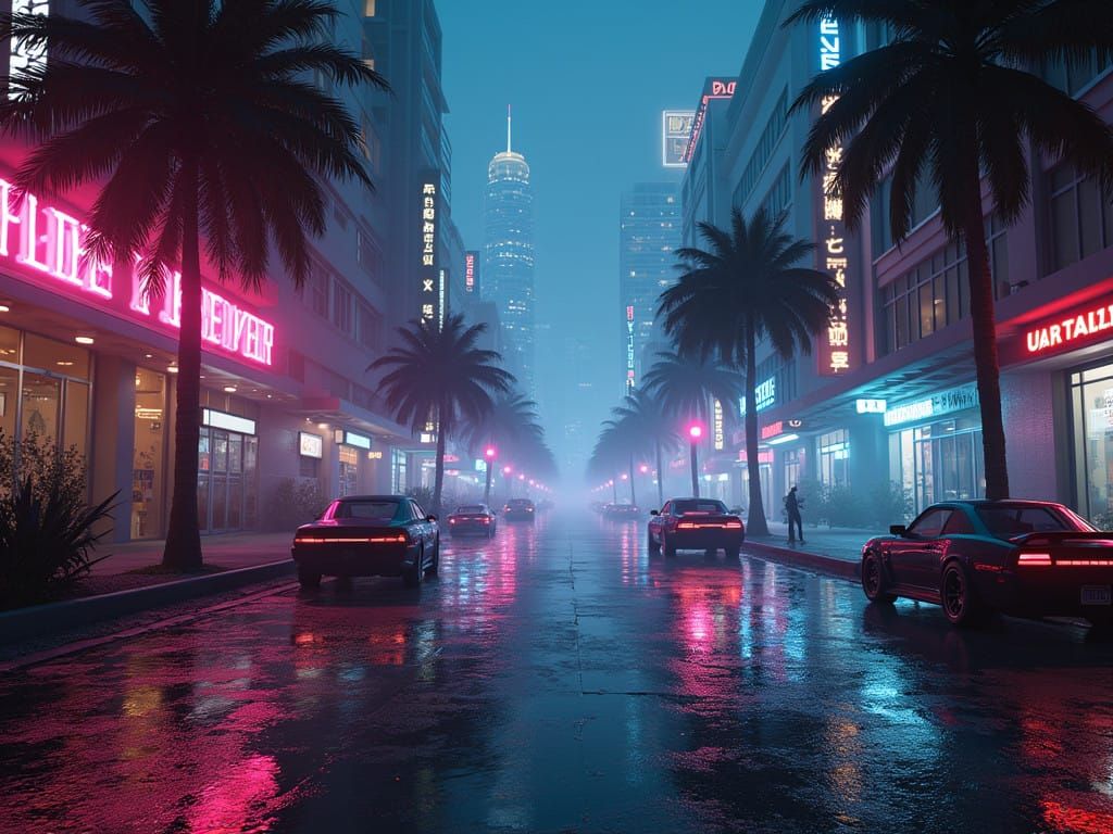 Blade Runner-Inspired Futuristic Miami Vice Night Cityscape