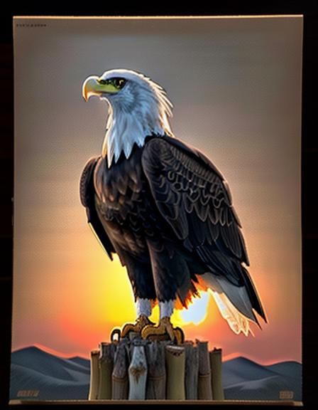 Sunset Bald Eagle in Hyperrealistic Impasto Style