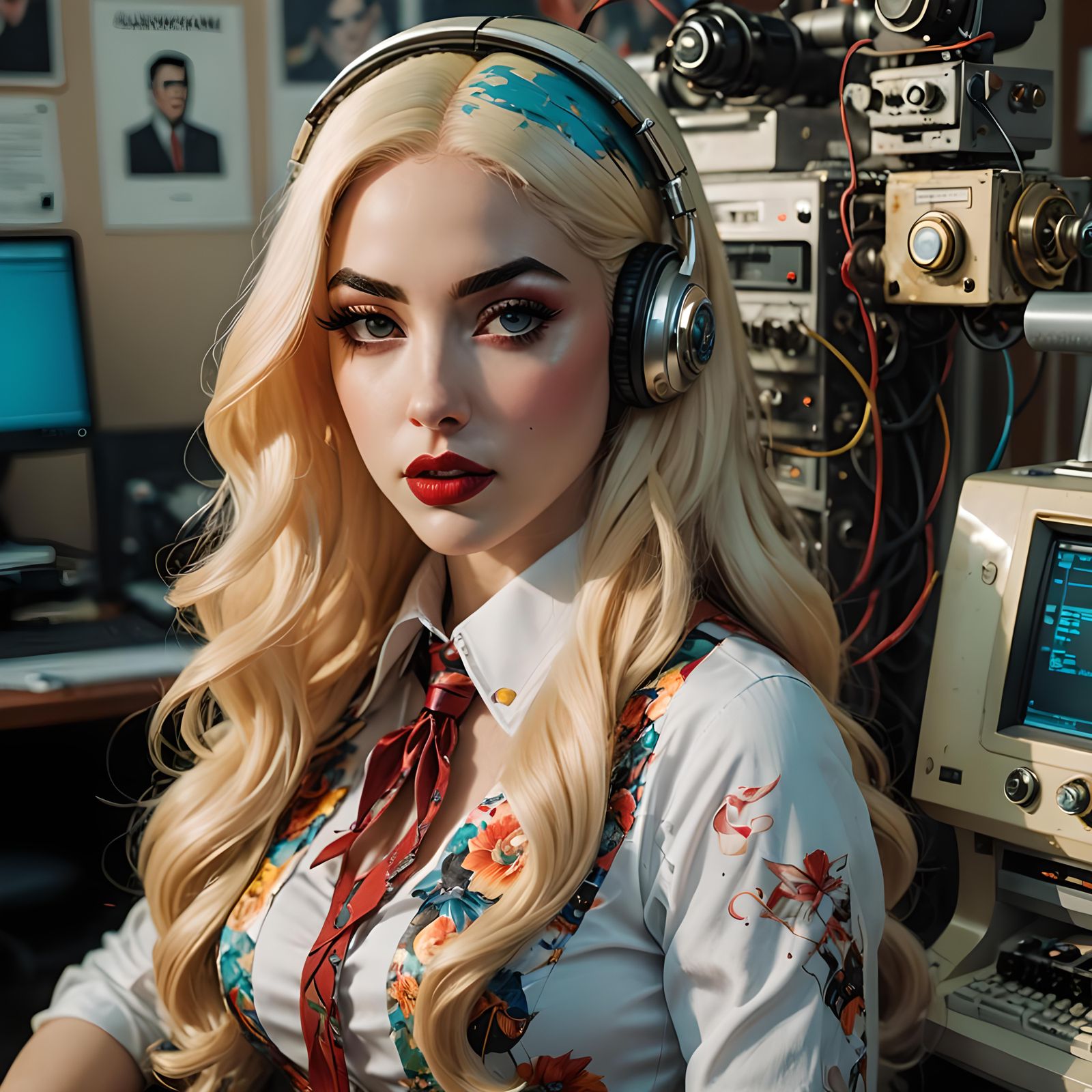 Glamorous Portrait with Fax Machine, Pin-Up Comic Style