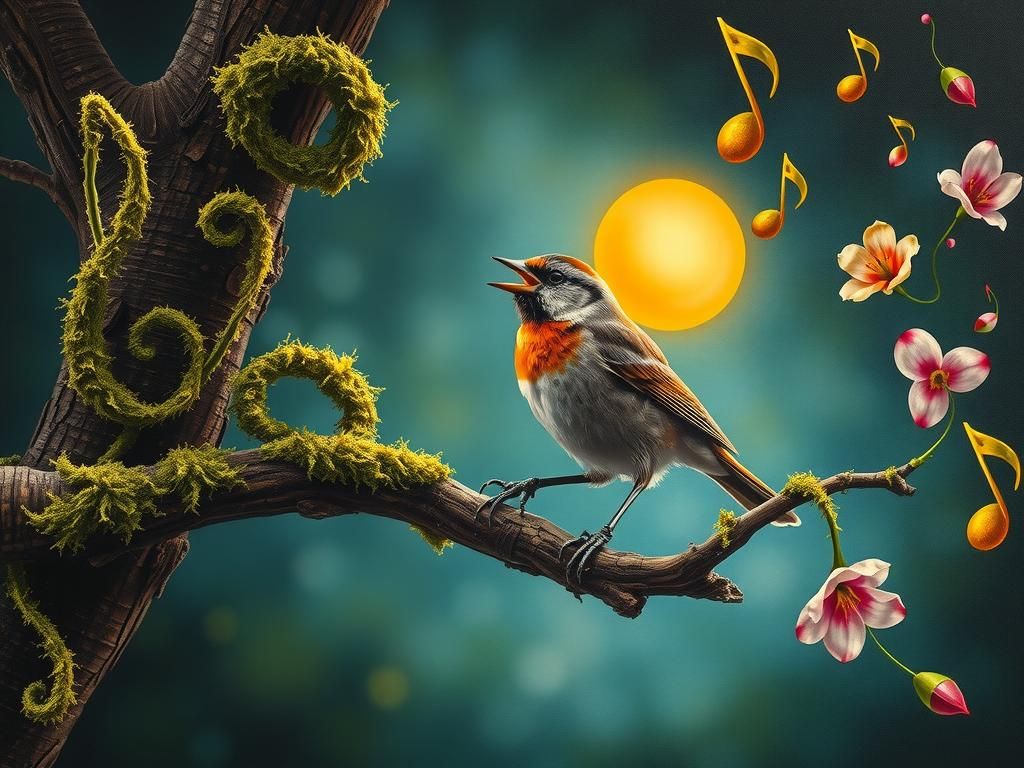 Sparrow Singing with Musical Notes in Surrealist Style