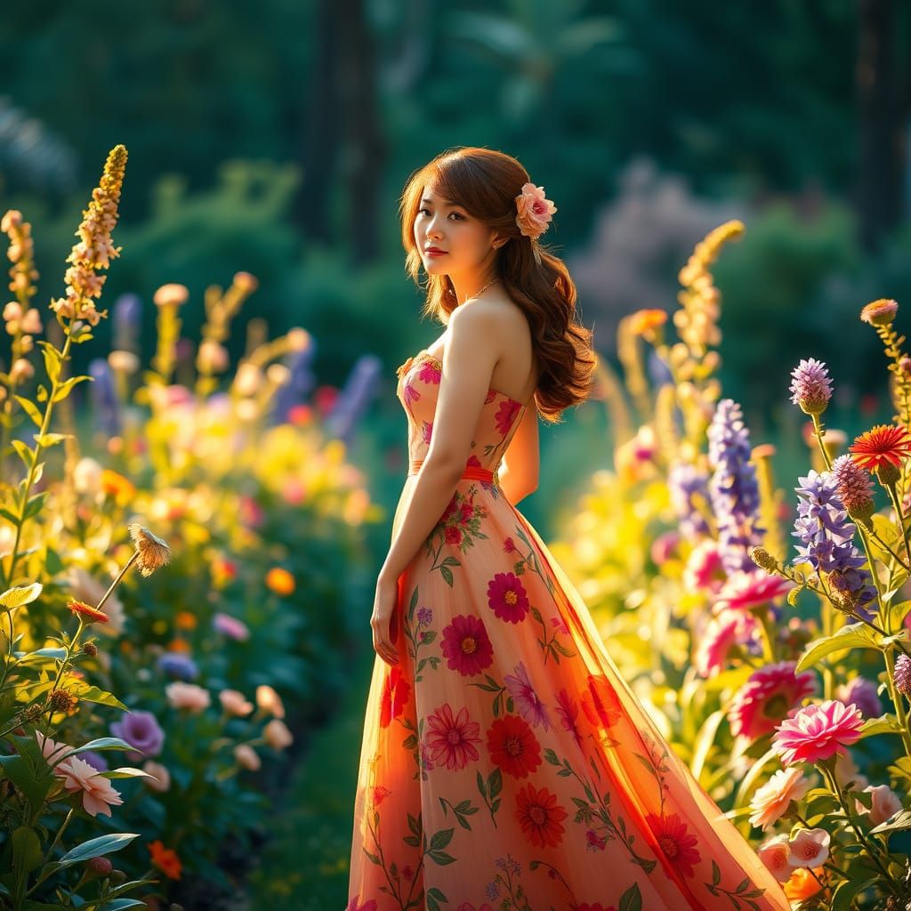Elegant Woman in Garden, Whimsical Art Style