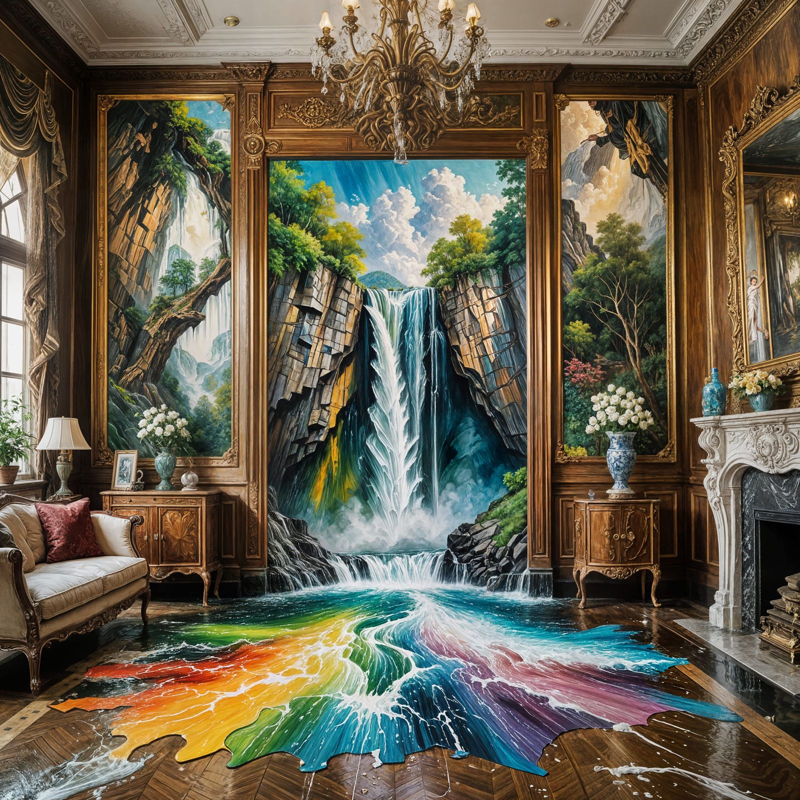 Surreal Waterfall Painting Bursting Indoors