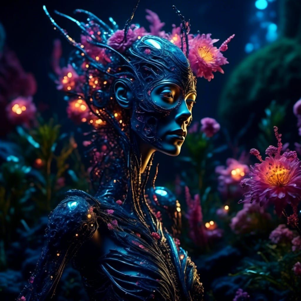 Galactic Bioluminescent Flowery Landscape at Midnight