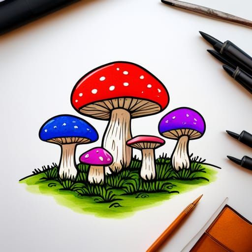 Mushroom Band Performing in Bright Ink Drawing Style