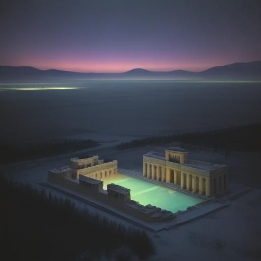 Aurora Lights Frozen Knossos Palace in Surreal Oil Painting