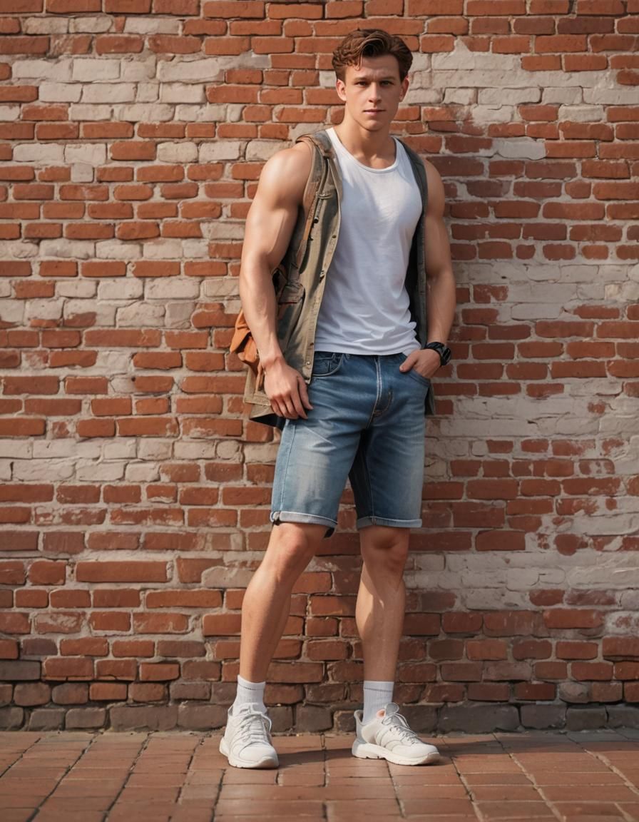 Muscular Man in Denim Shorts Leaning on Brick Wall