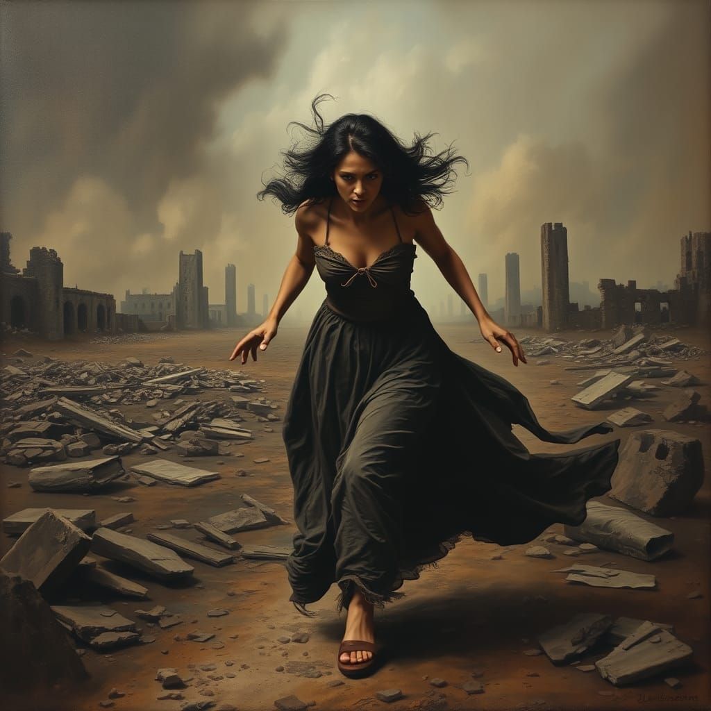 Woman Fleeing Through War-Torn Landscape