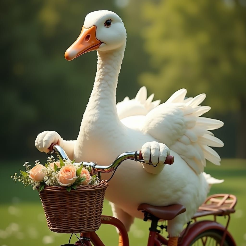 Majestic White Goose Rides Vintage Bicycle with Brass Horn